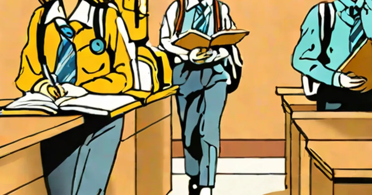 Students in school uniforms reading books at desks
