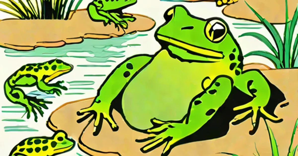 Stylized bright green frog with spotted salamanders in a pond habitat