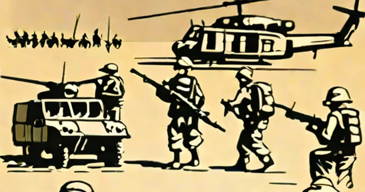 Soldiers, military truck, and helicopter in black silhouette on tan background