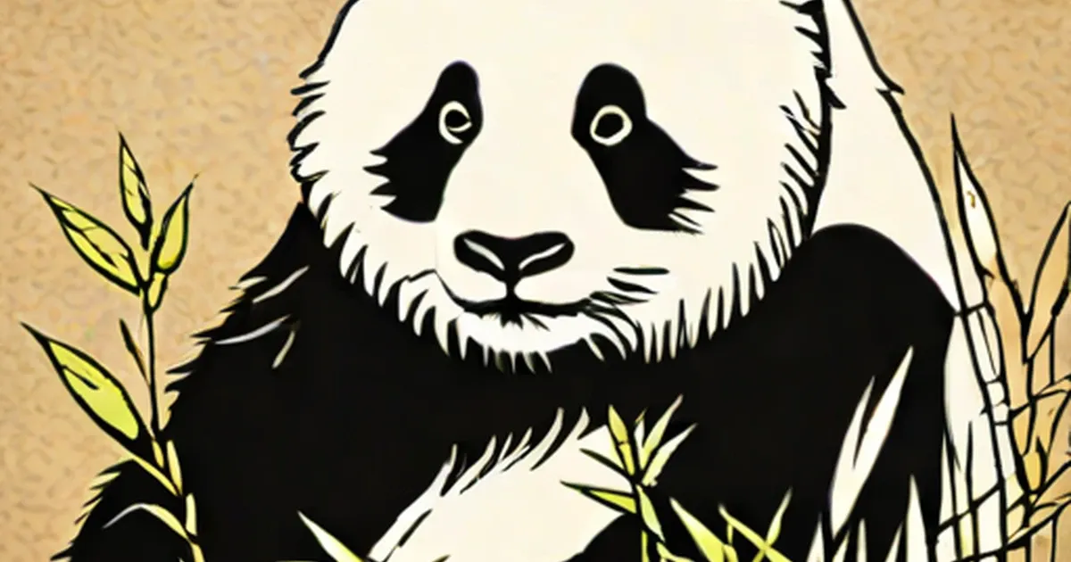 Stylized panda with black and white markings surrounded by bamboo plants