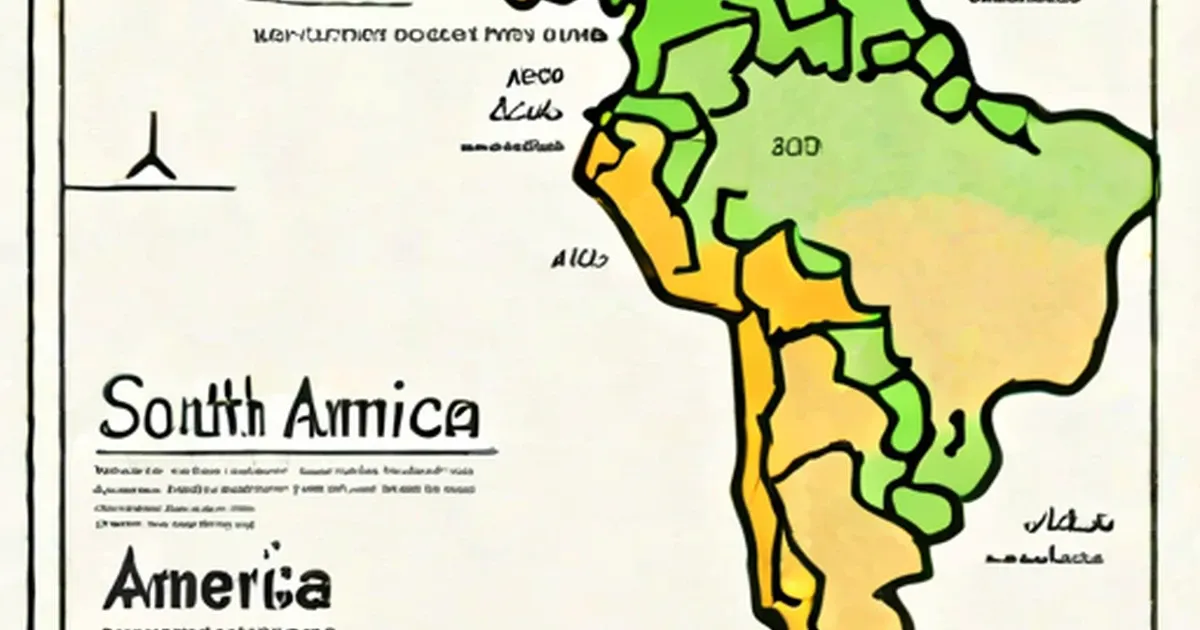 Stylized map of South America with colored regions in green, yellow, and tan