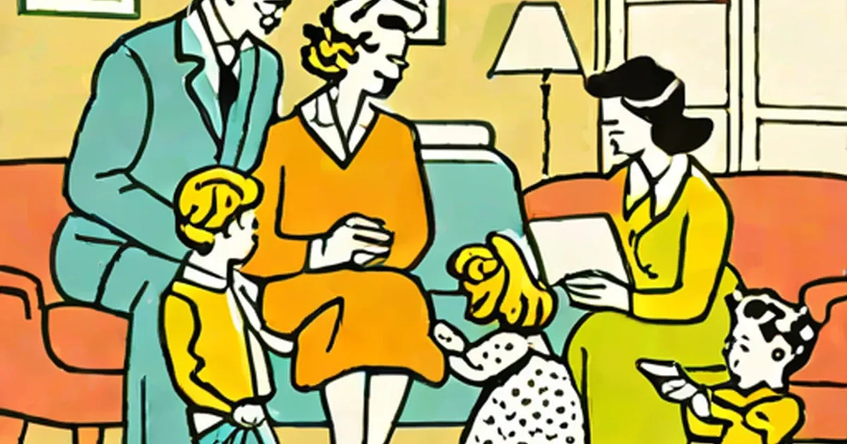 Mid-century illustration of 1950s family and children in living room
