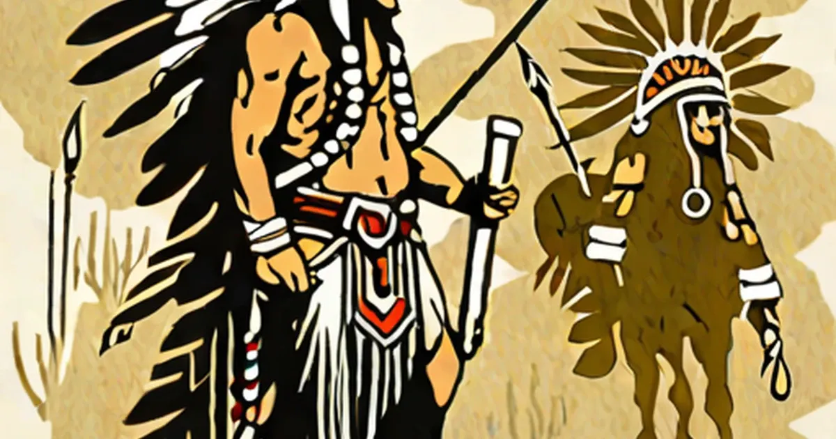 Two figures dressed in traditional Native American attire with feathered headdresses