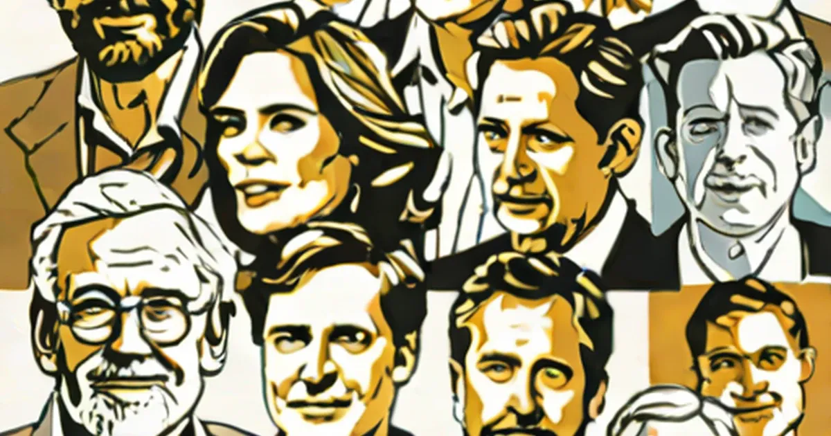 Stylized portraits of eight actors in gold, black and white arranged in a grid collage