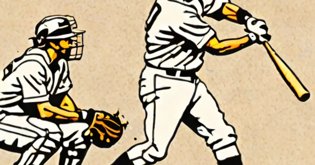 Baseball batter mid-swing and catcher crouched, vintage style