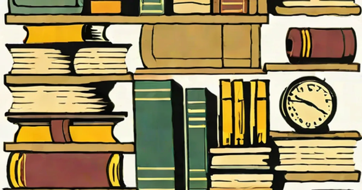 Colorful books stacked on shelves with a wall clock