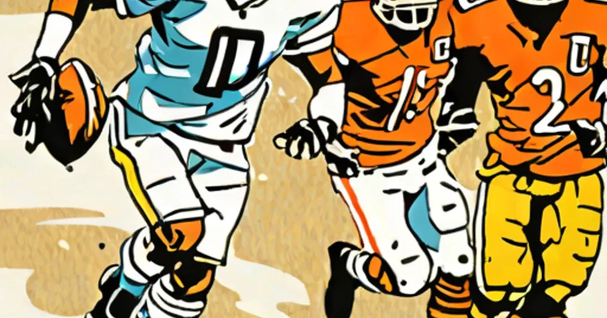 Cartoon illustration of football players wearing different colored team uniforms