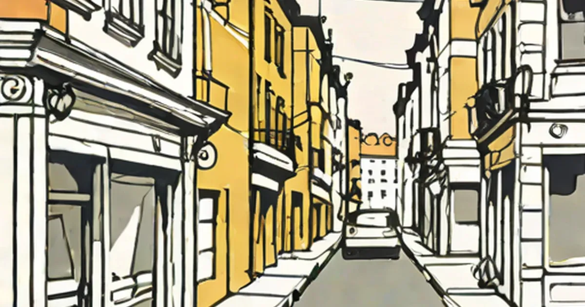 Narrow European street lined with yellow and white storefronts