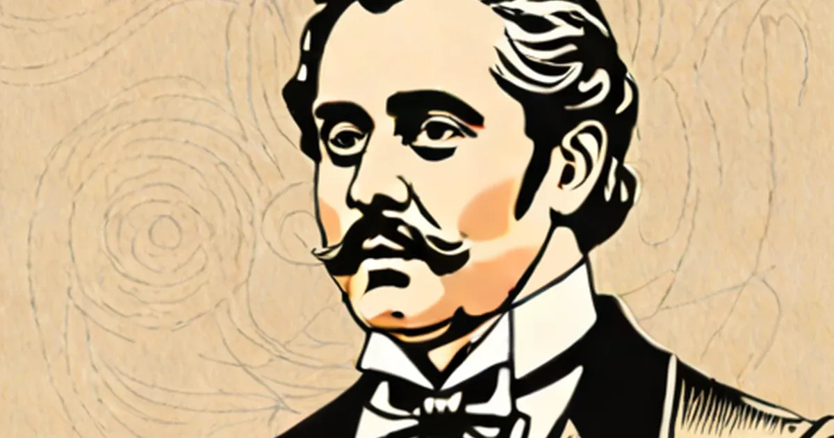 Minimalist illustration of a man in formal attire with a full mustache and wavy hair