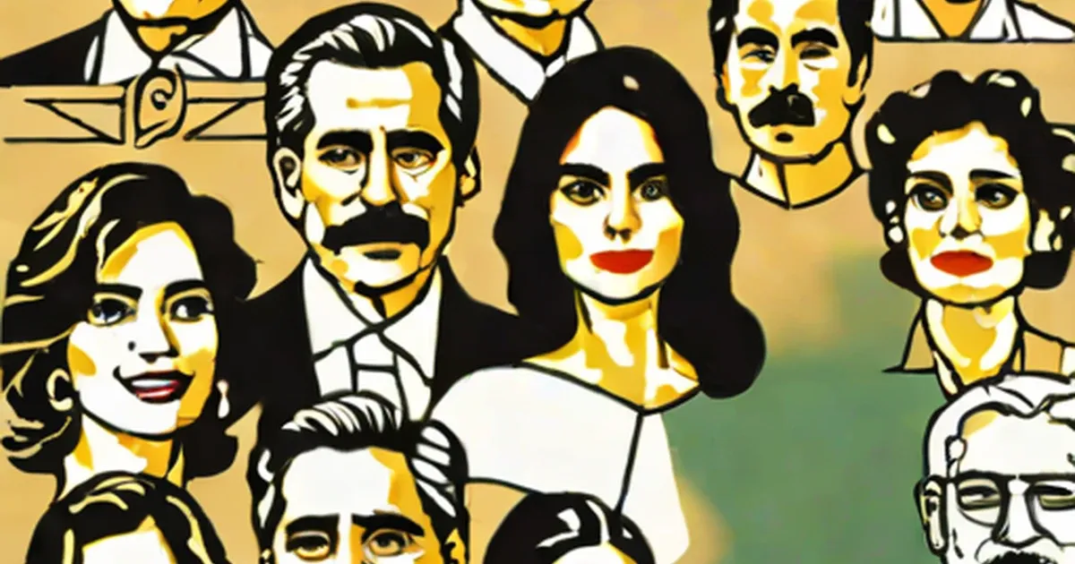 Stylized portraits of Mexican actors and actresses in gold and black graphic art
