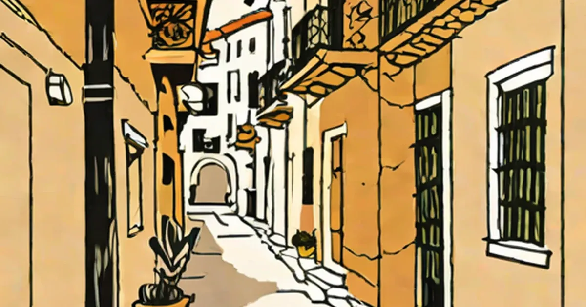Narrow colonial street with yellow buildings, green doors, and ornate iron balconies