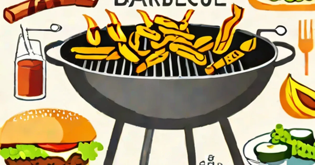 Grill with sausages cooking over flames, surrounded by hamburgers, drinks, and avocado