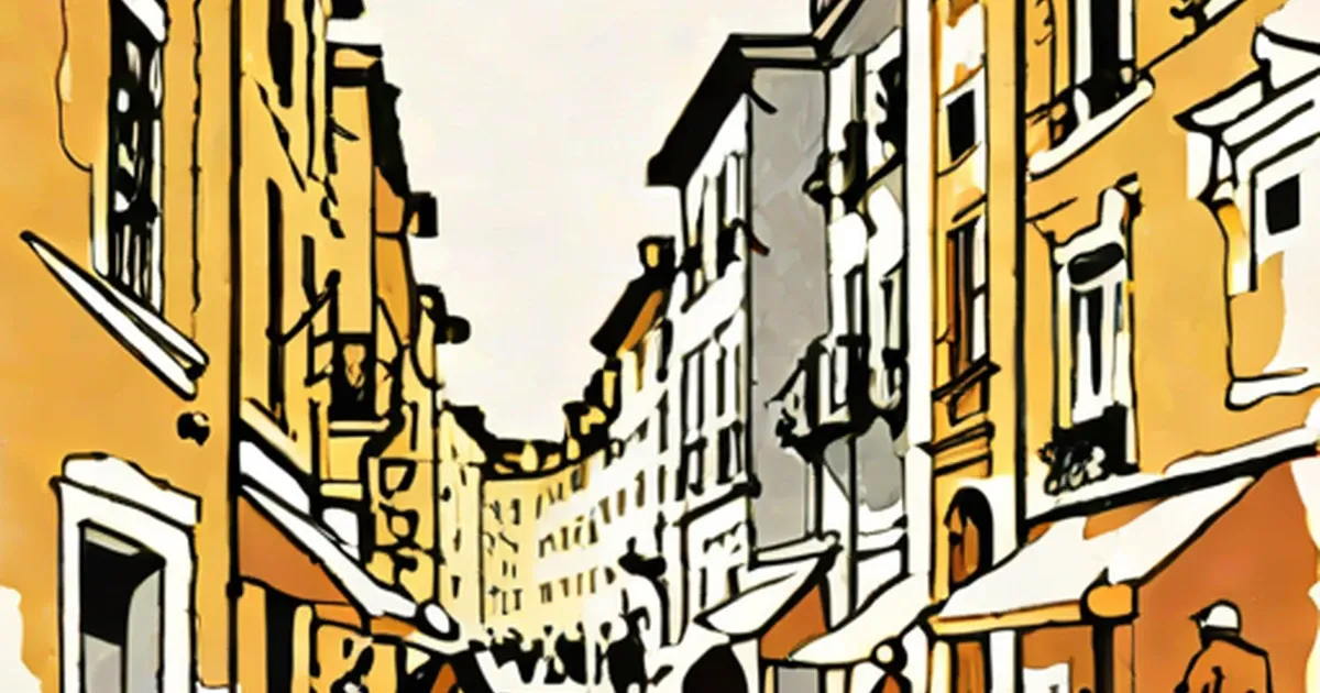 A street lined with yellow buildings and distant figures