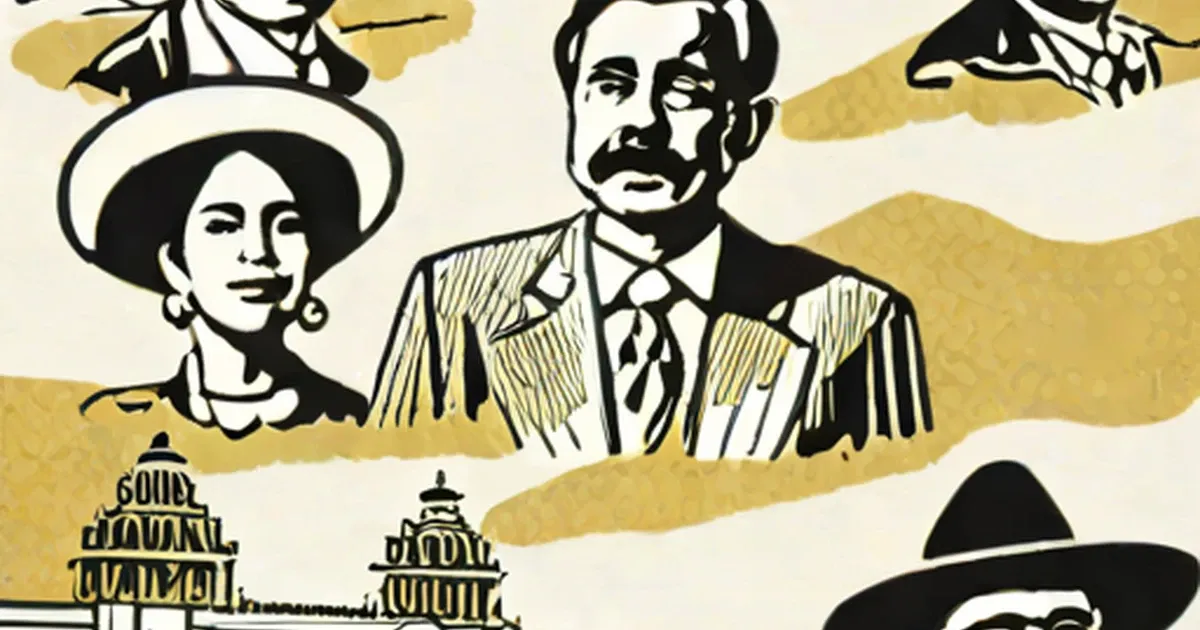 Illustration of Mexican historical figures including a woman and two men with capitol dome