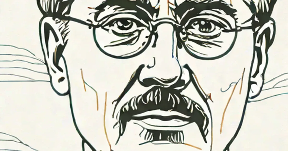 Sketch of a man with glasses, dark beard, and tousled dark hair