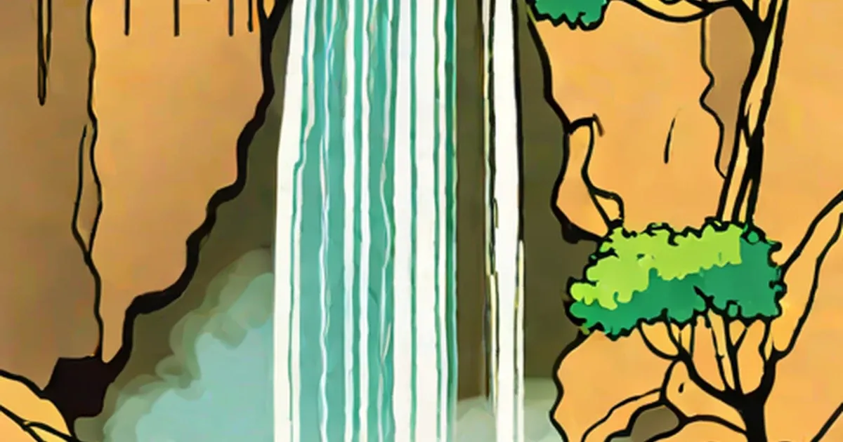 Stylized waterfall descending between canyon cliffs