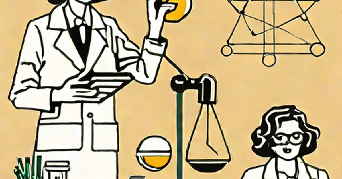 Female scientists in lab coats with beakers, balance scales, and molecular diagrams