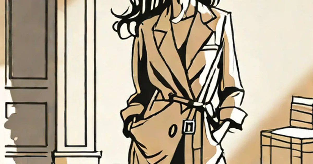 Person in tan blazer and belt standing in a doorway setting