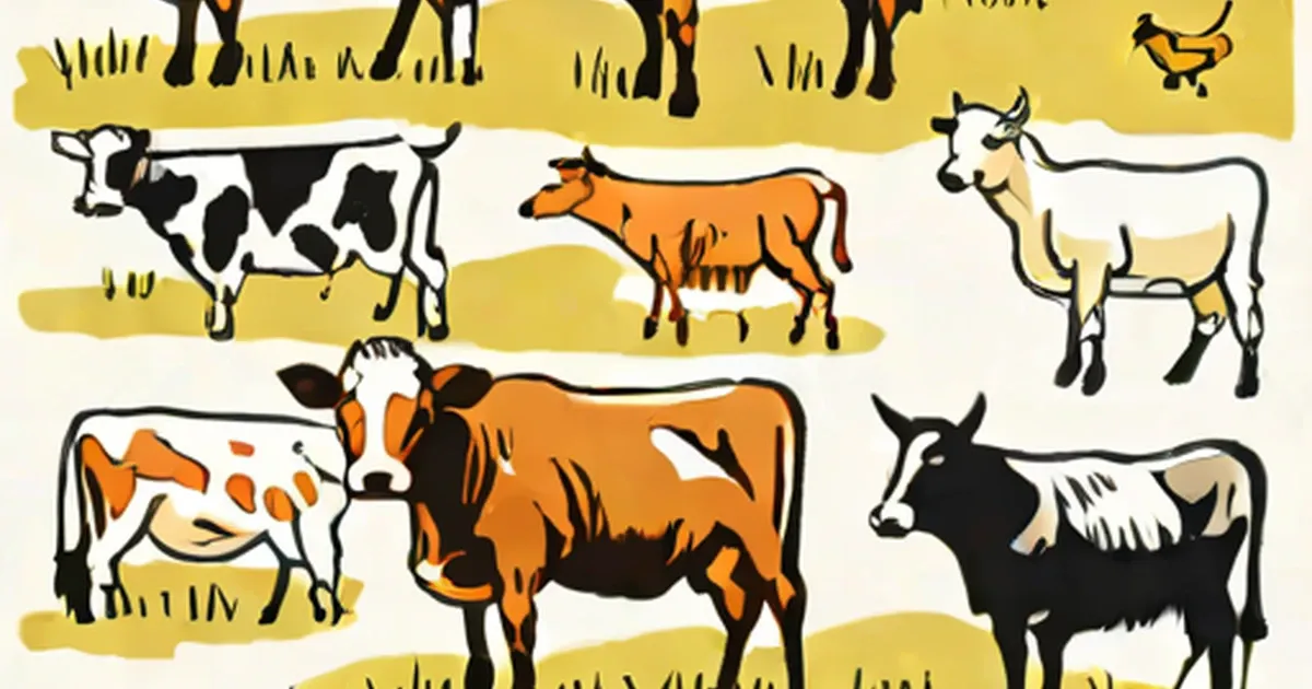 Hand-drawn cattle, goats and a duck with bold outlines on cream background