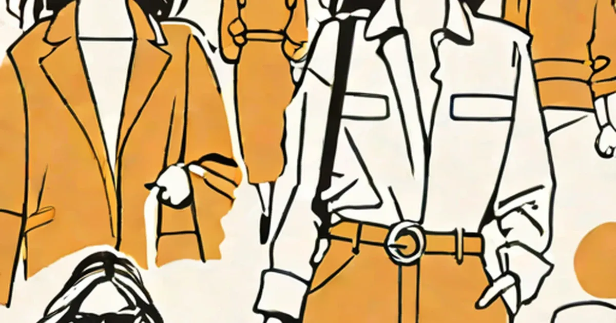 Illustrated outfits featuring yellow blazers and white pants with black accents