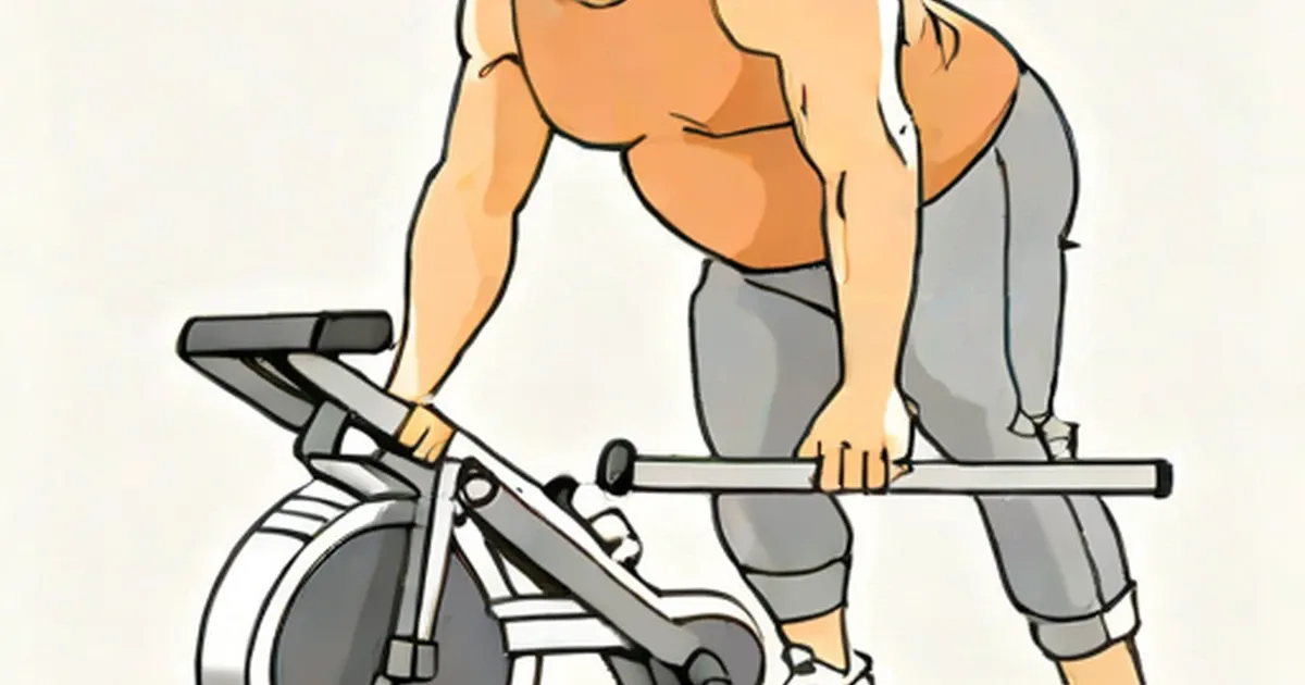 Man holding barbell with exercise bike positioned below