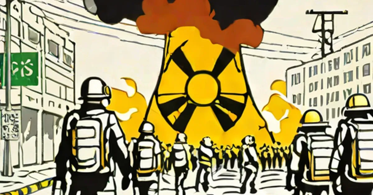 Yellow radiation symbol with explosion graphic displayed above an urban protest crowd