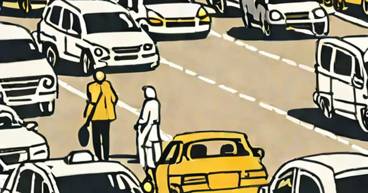 Multi-vehicle collision with yellow car at center and two people on the road