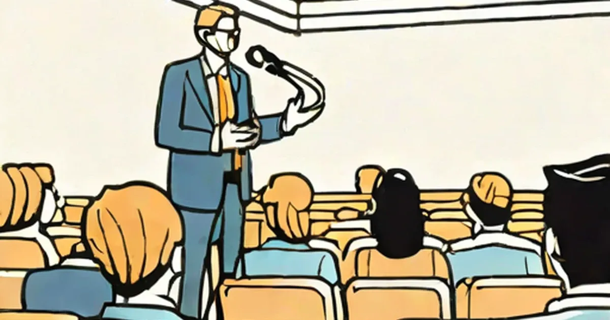 Businessman in blue suit speaking at microphone to audience
