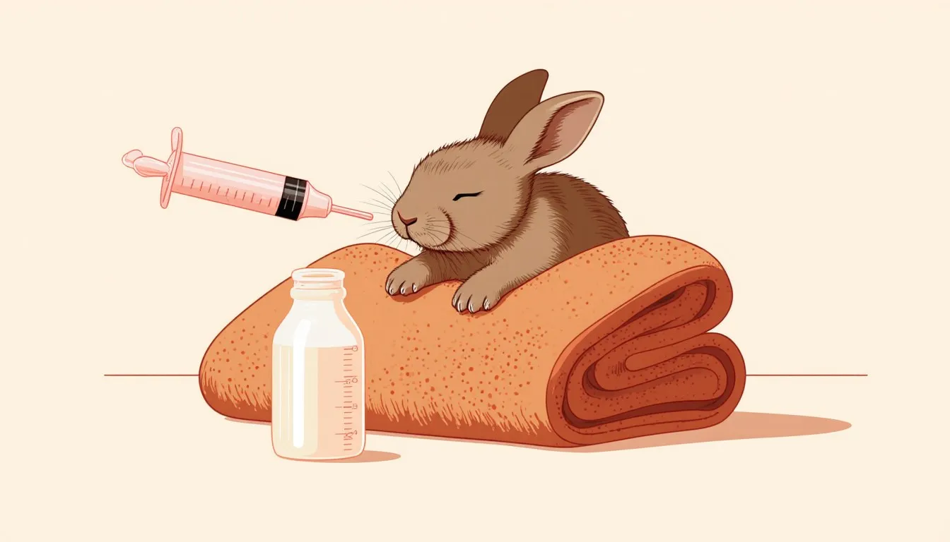 A swaddled baby rabbit being fed milk from a small oral syringe, with a nursing bottle resting nearby.