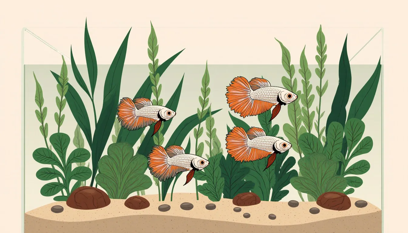 A small group of female betta fish with short fins swimming among live plants in an aquarium