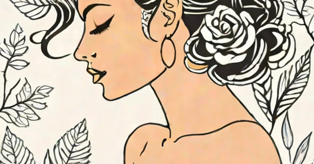 Illustrated woman in profile with a black and white rose in her hair