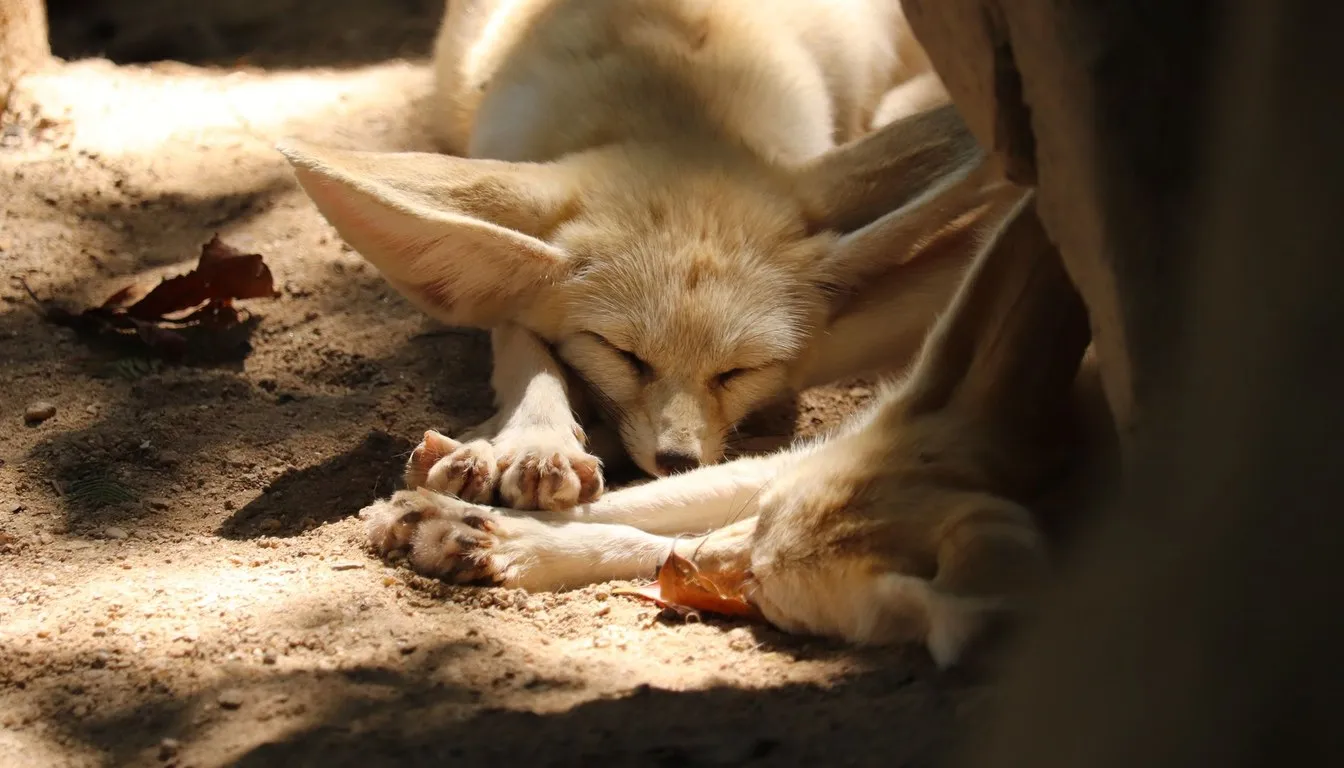 A fennec fox sleeping curled in the sun