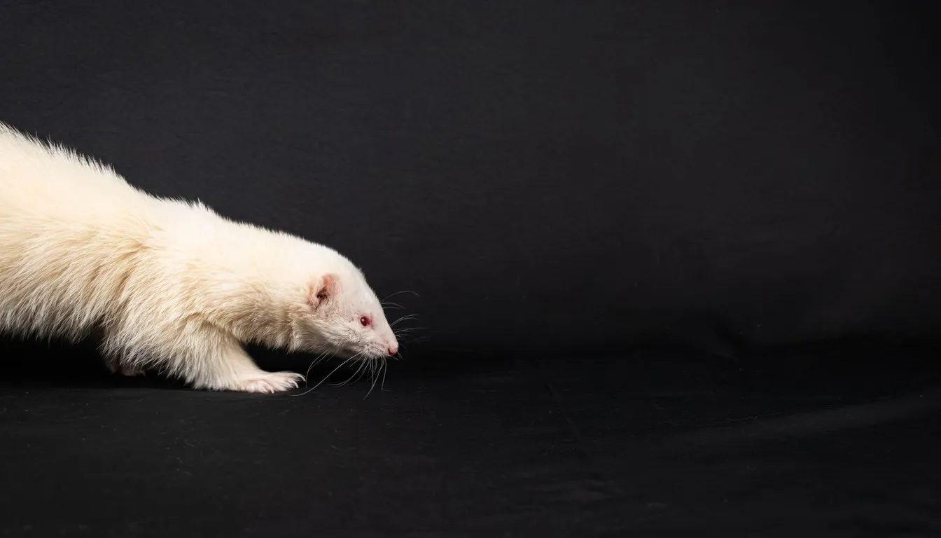 A white ferret walking across a dark backdrop