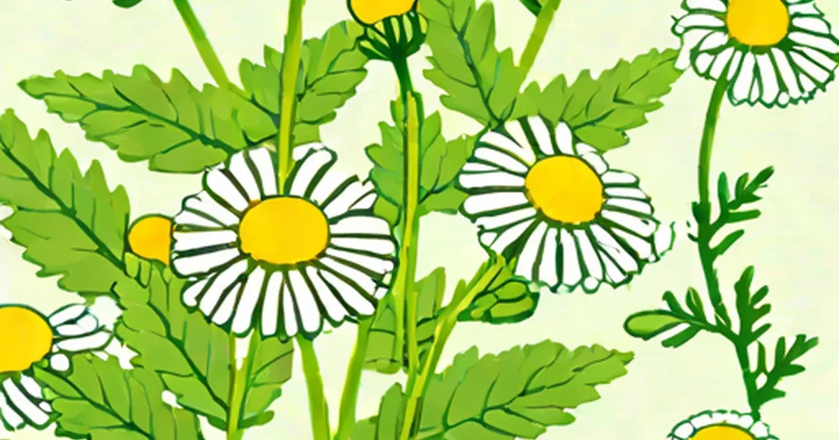 Feverfew flowers with yellow centers and feathery green leaves