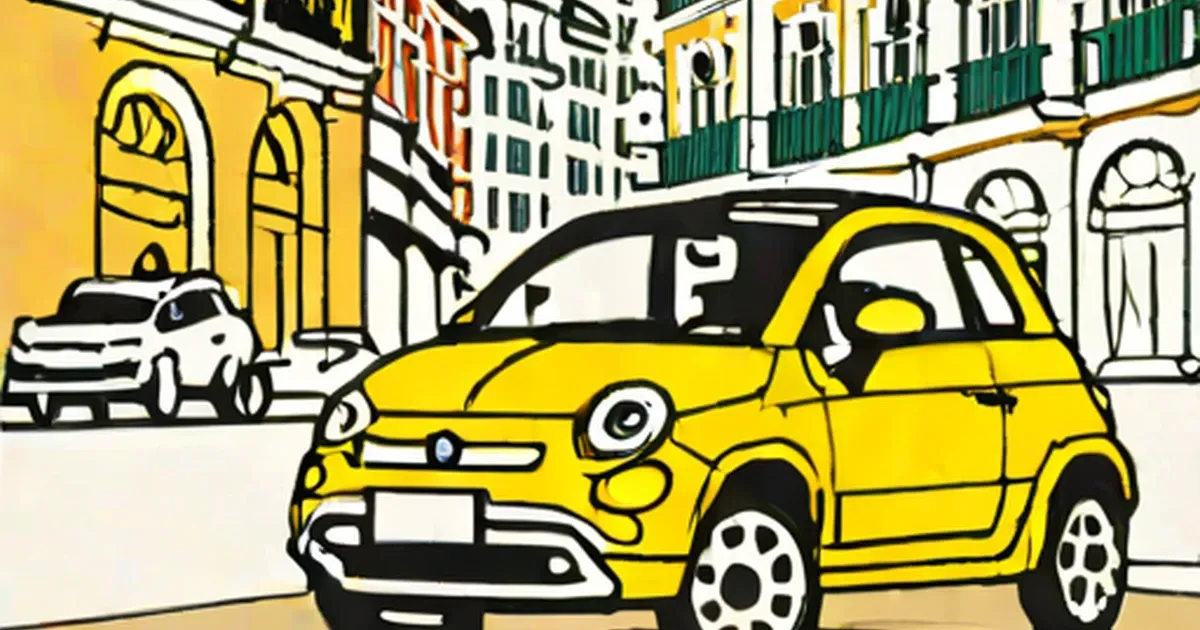 Cartoon yellow Fiat FCC Adventure Concept parked on a colorful city street