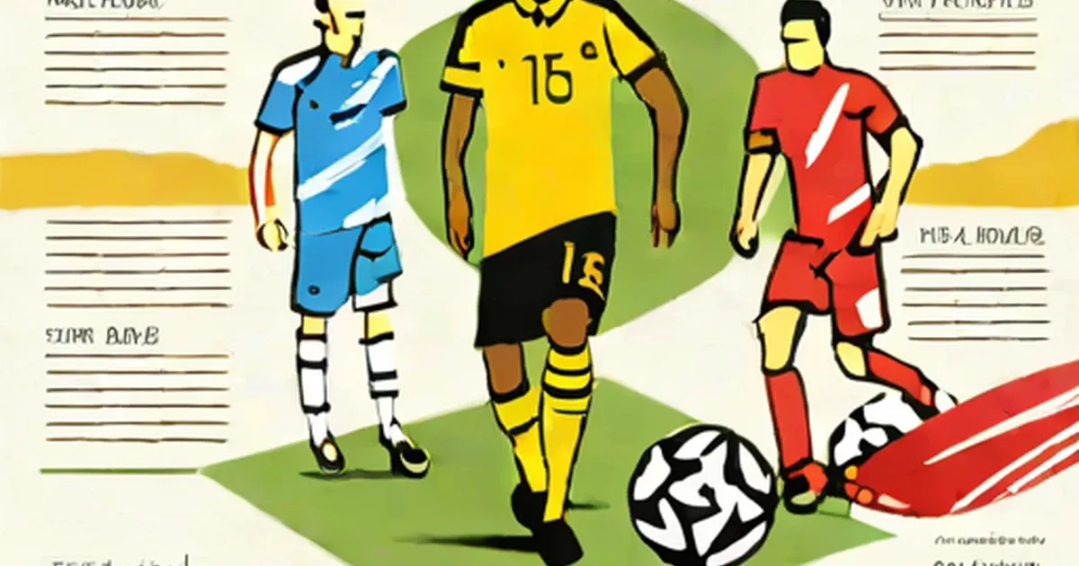 Three illustrated soccer players in blue, yellow, and red uniforms with a ball and text panels