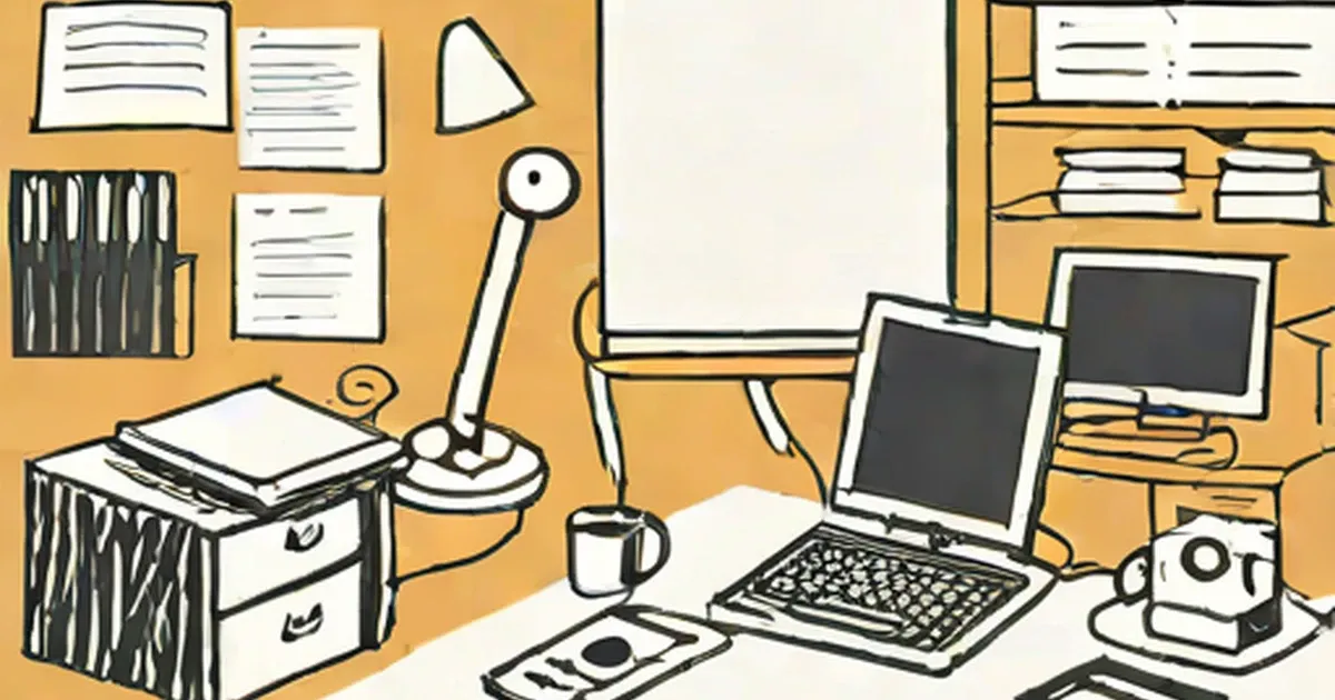 Illustrated office with file cabinets, documents, computer setup, and organized storage