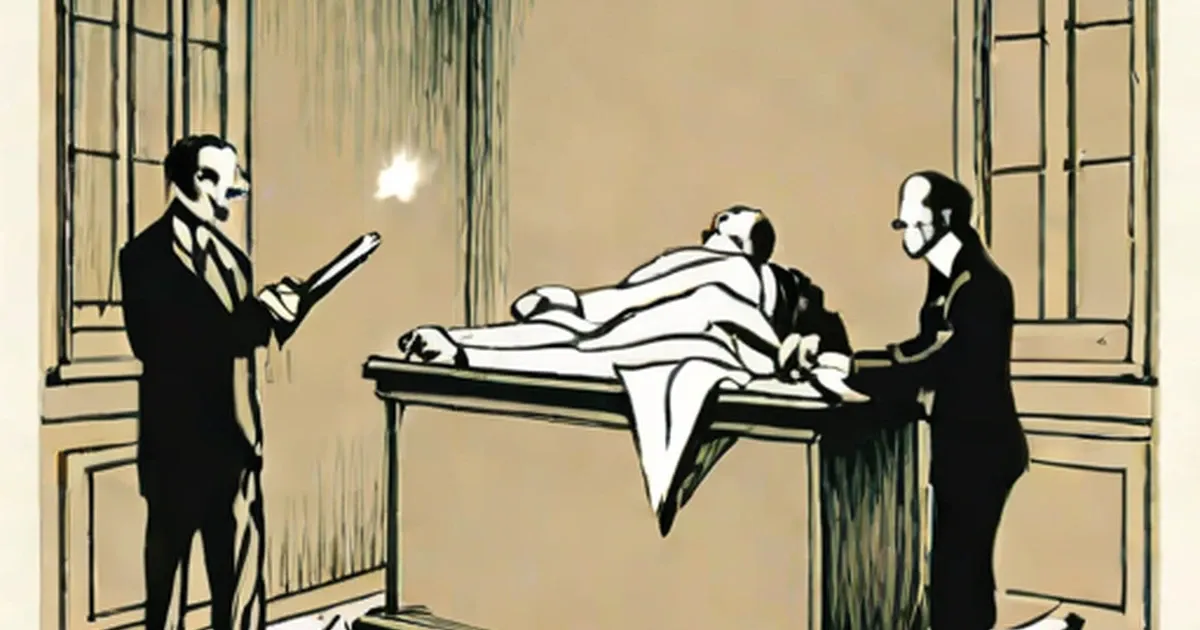 Houdini suspended above a table while three suited men observe
