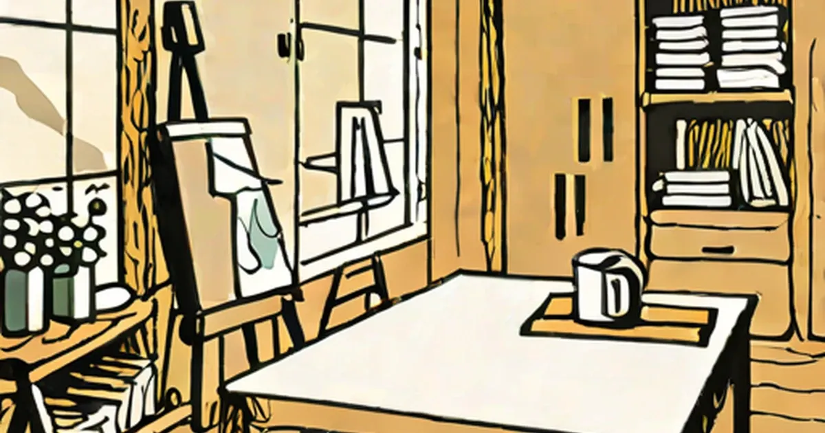 Illustrated room with golden wood furniture and black accents