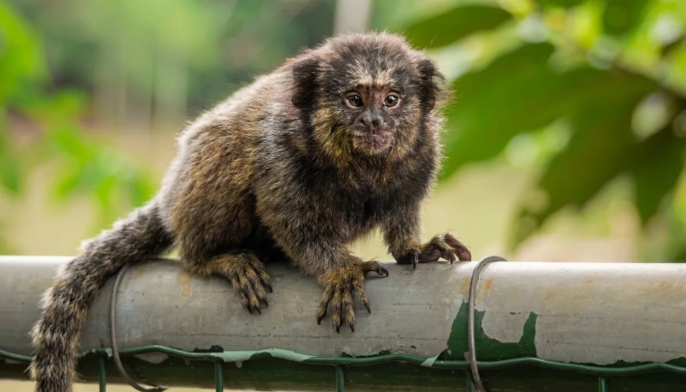 A small marmoset climbing along a bamboo rail