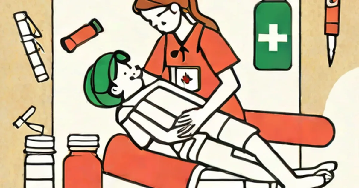 Woman applying bandages to child’s injuries surrounded by first aid supplies