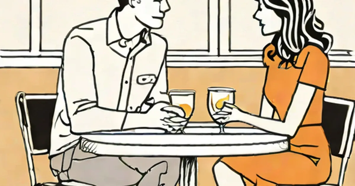 Two people at a table with drinks, facing each other in conversation