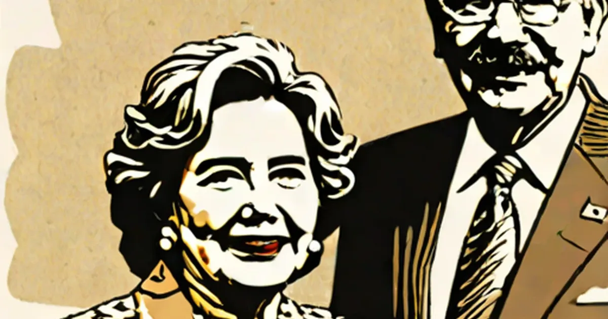 Illustration of a smiling woman with curled hair and pearl earrings beside a bearded man wearing glasses