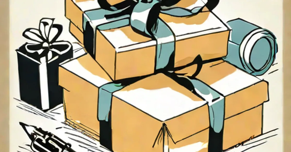 Gold and black wrapped gift boxes with teal ribbons