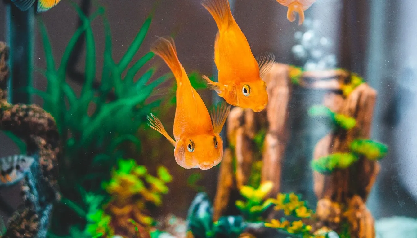 Two goldfish in a planted aquarium