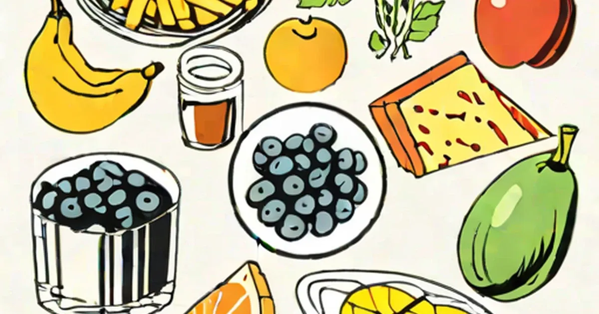 Colorful illustrated foods including fruits, vegetables, grains, dairy, and legumes
