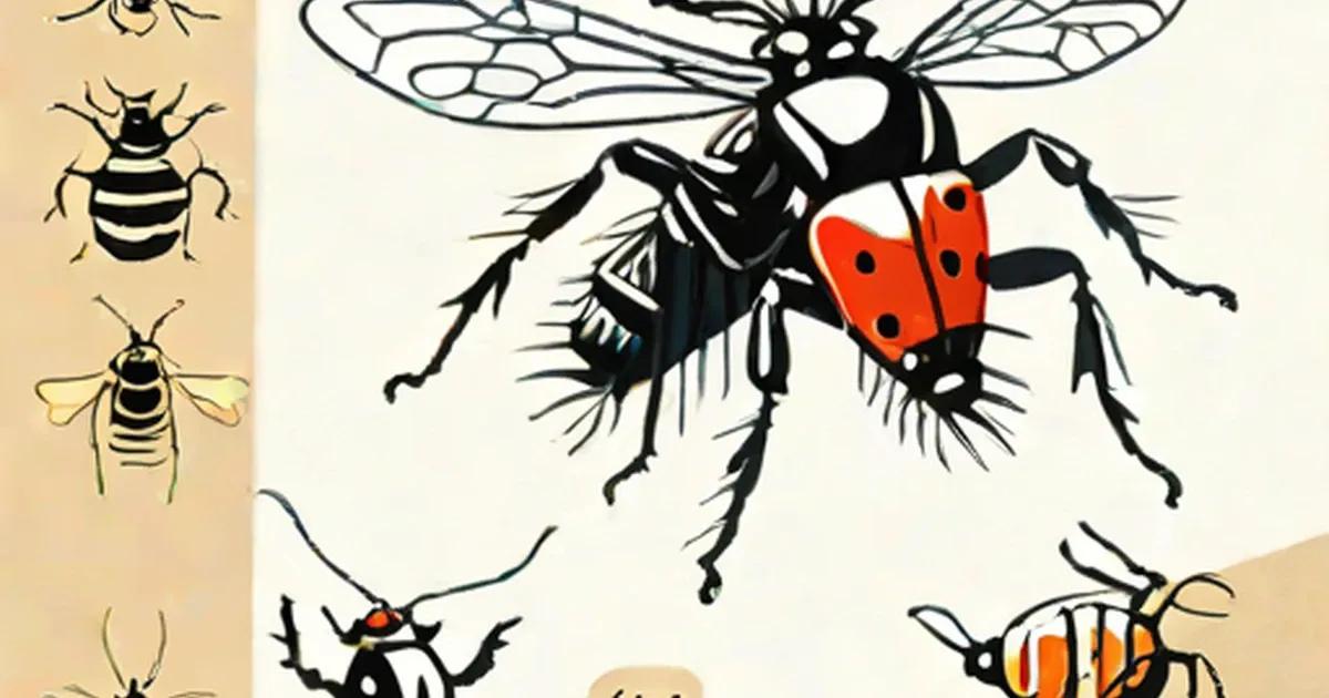Illustration of various insects and arachnids: fly, bees, ladybug, flea, and tick