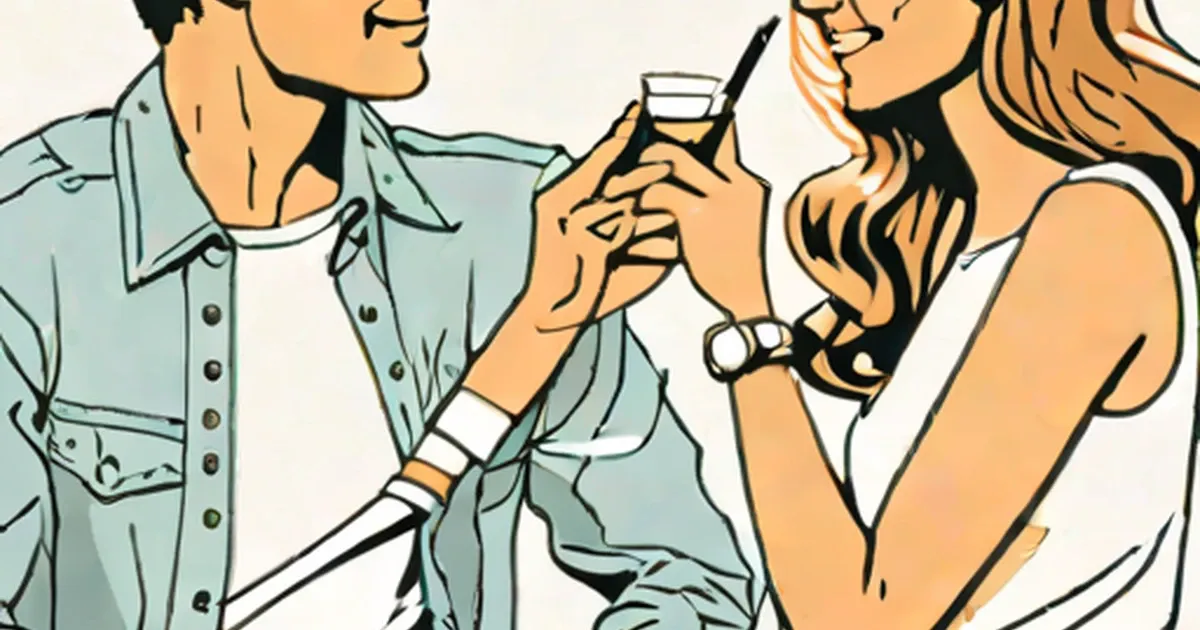 Man in blue shirt chats with woman holding a cocktail