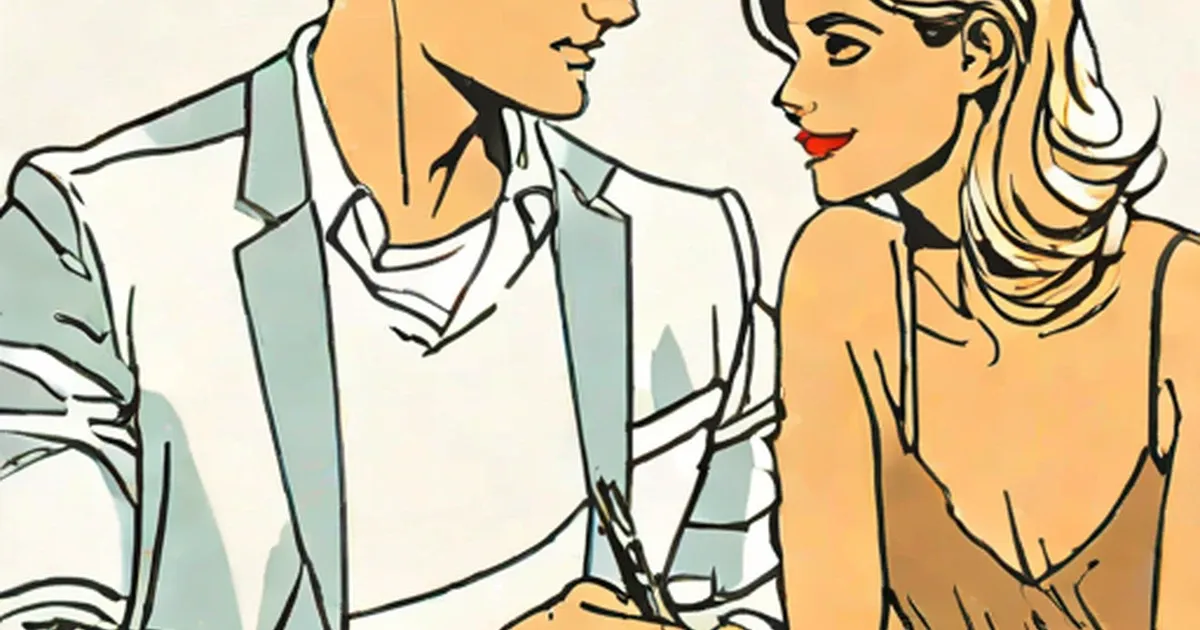 Man in blue jacket and woman with blonde hair face each other in retro style