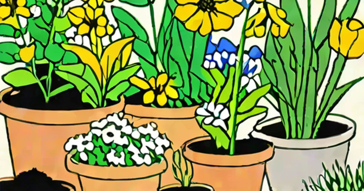 Terra cotta pots with yellow, white, and blue flowers in bloom